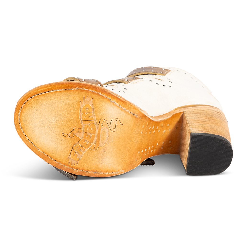 Leather sole imprinted with FREEBIRD on women's Violet white multi sandal