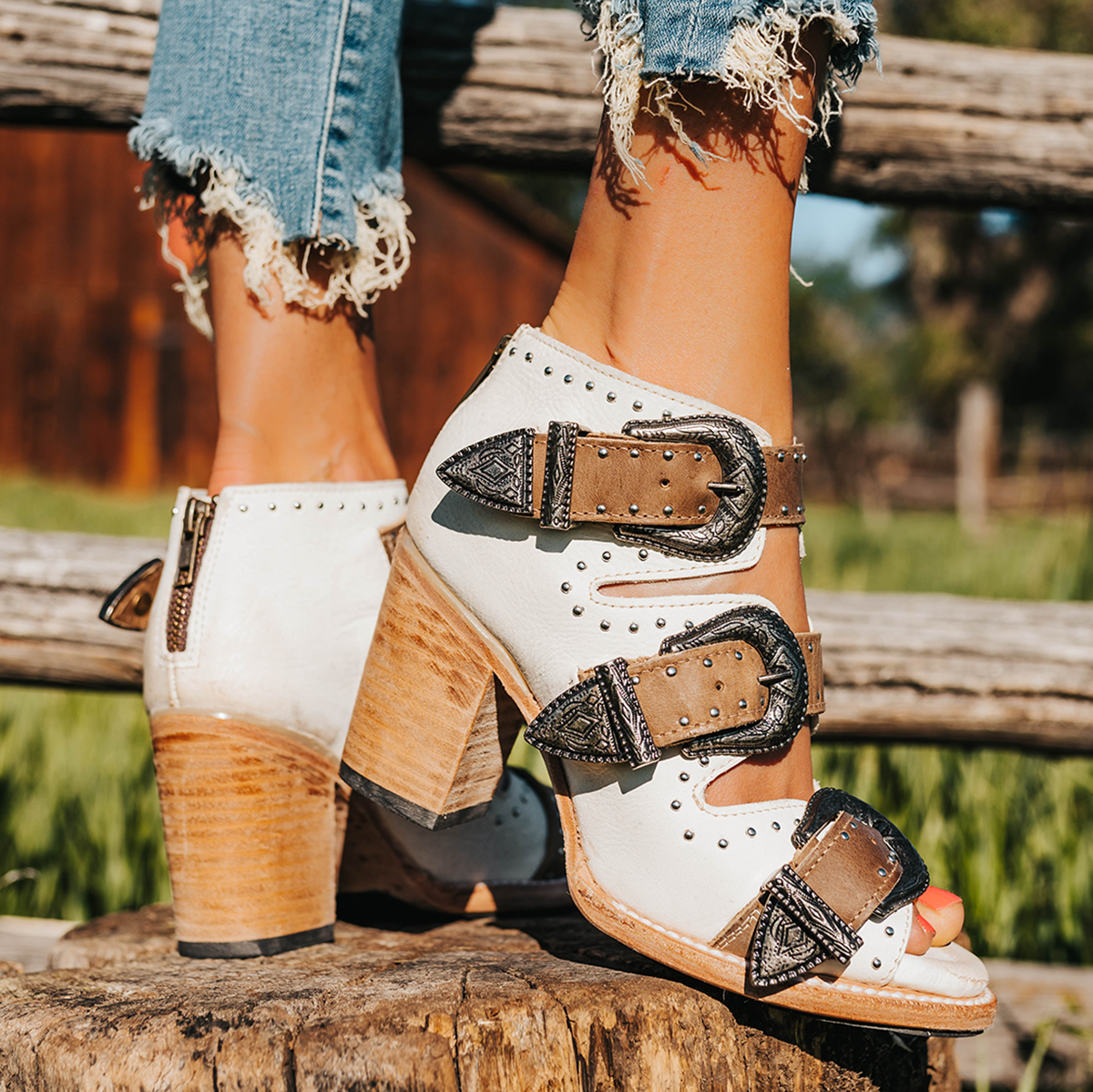 FREEBIRD women's Violet white multi leather studded 3 strap heeled sandal with adjustable engraved silver buckleS