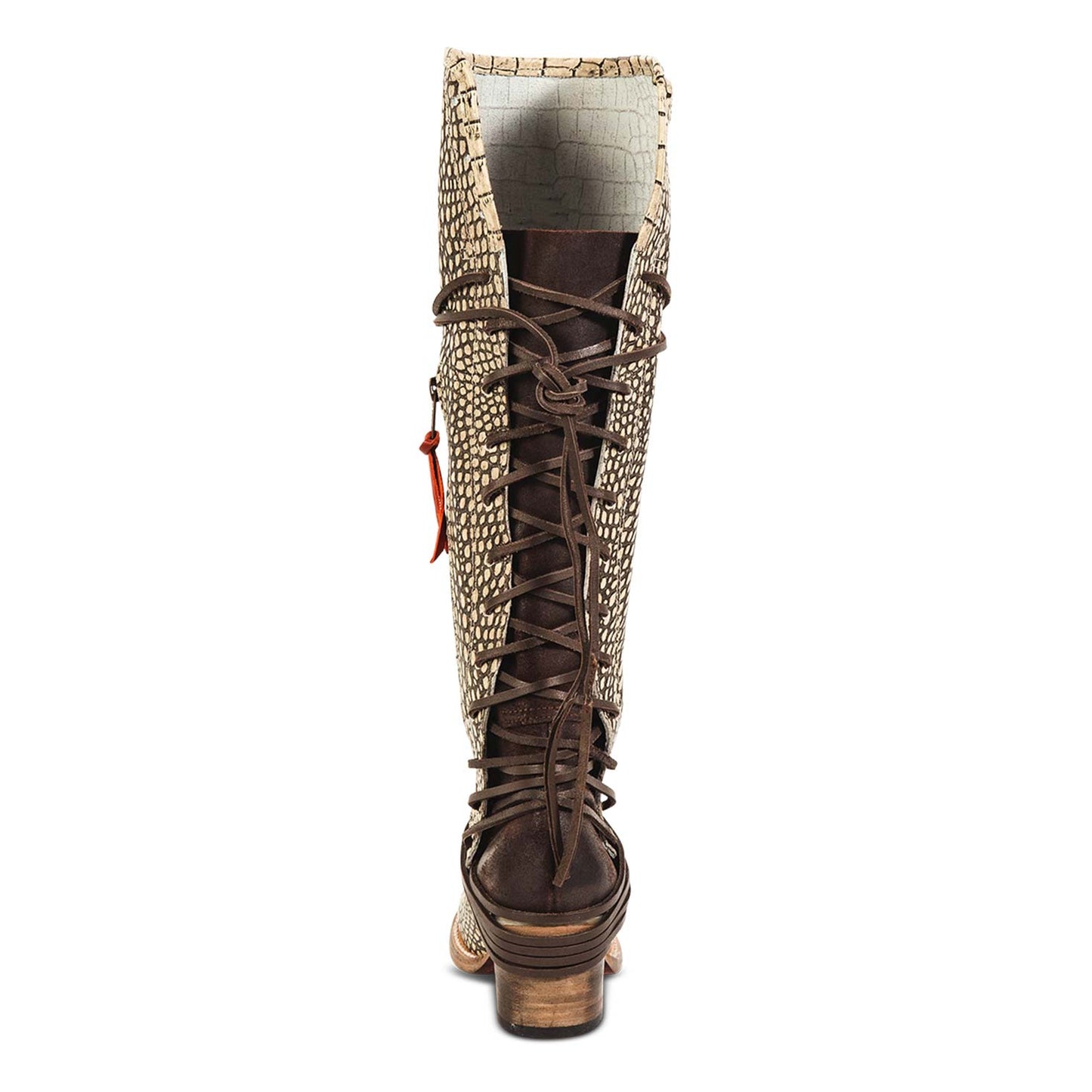 Back view showing expandable panel with adjustable leather lacing on FREEBIRD women's Coal beige croco tall boot