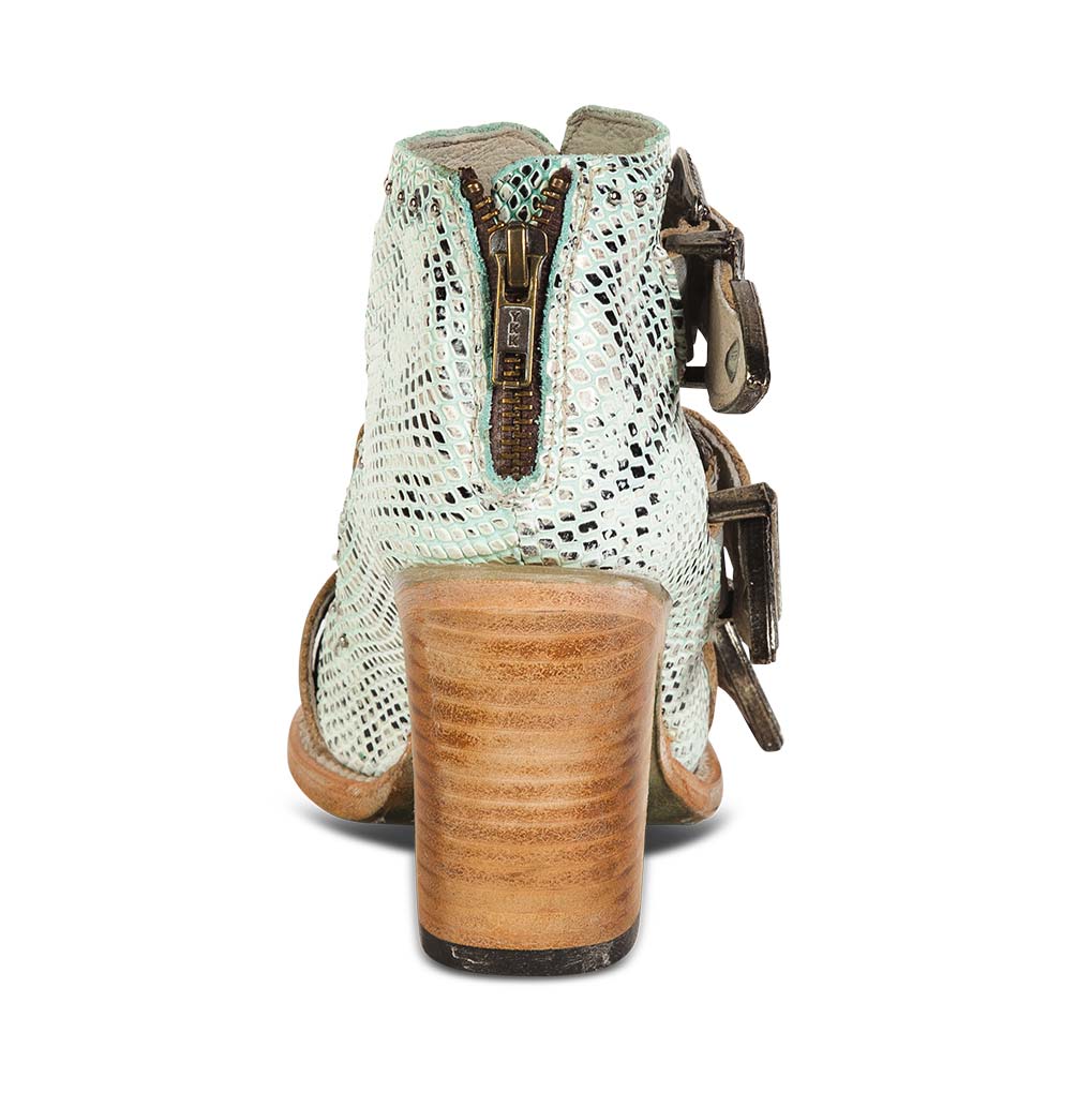 Back view showing working brass zip closure and leather heel on FREEBIRD women's Violet turquoise snake sandal