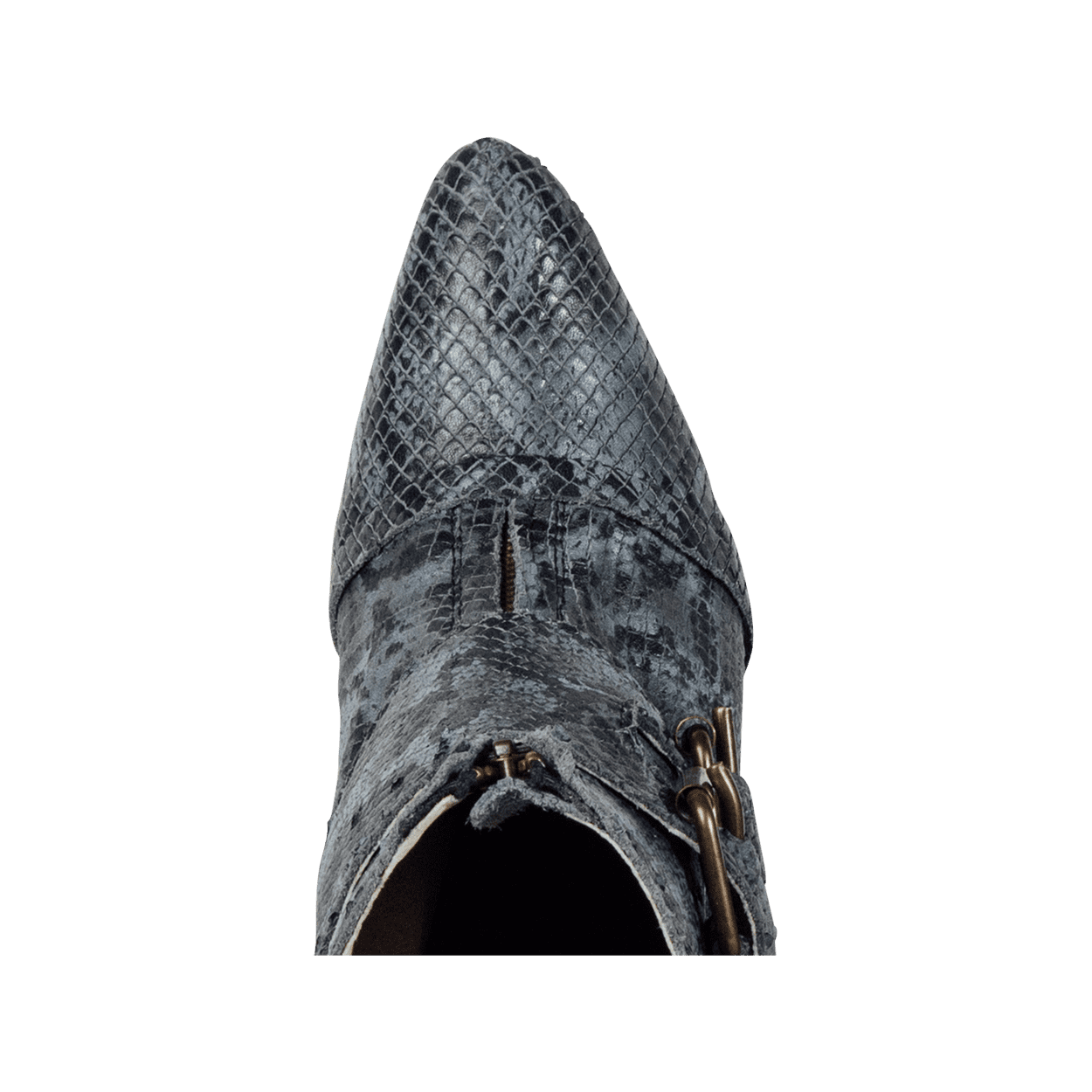 Top view showing pointed toe and front overlay on FREEBIRD women's Joey blue multi leather bootie