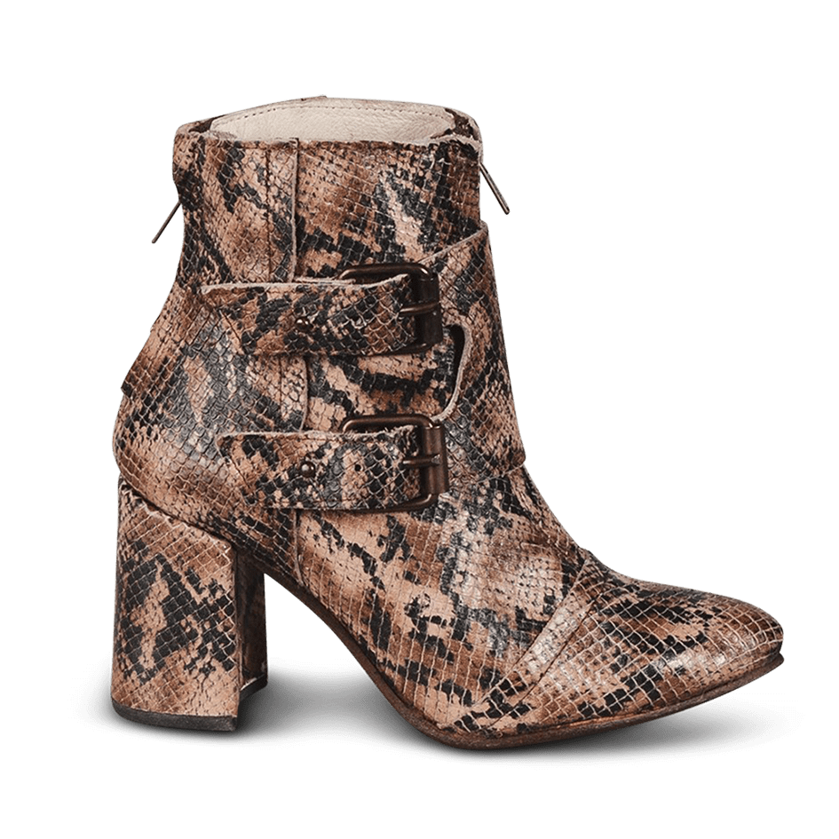 FREEBIRD women's Joey brown snake embossed leather bootie with flare heel and brass buckles