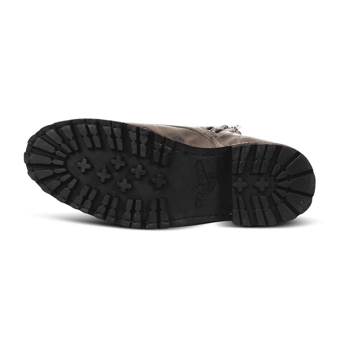 Rubber tread sole imprinted with FREEBIRD on Jax men’s stone leather boot