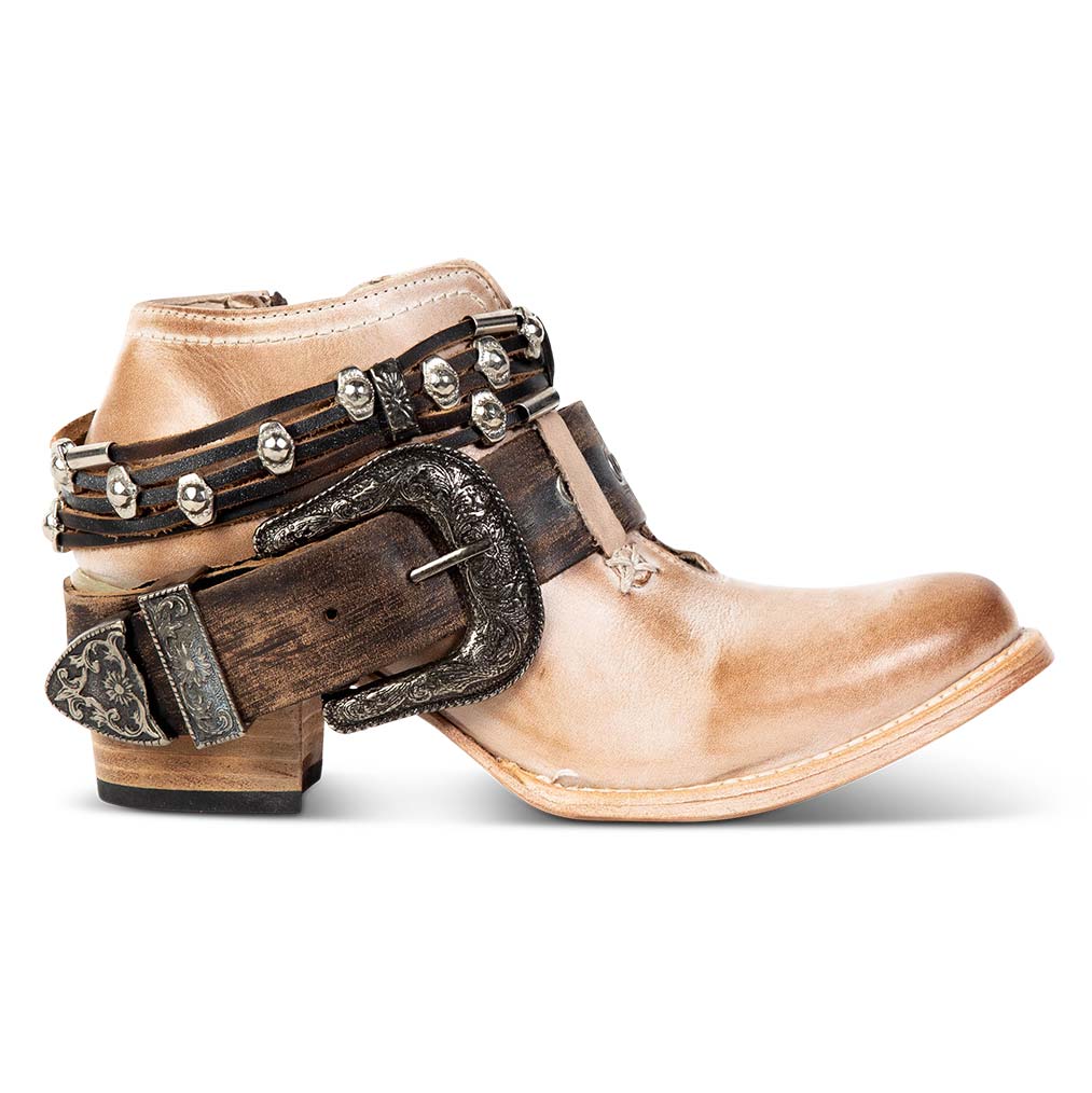 FREEBIRD women’s Saloon taupe leather front cutout bootie with embellished belts and side western buckle