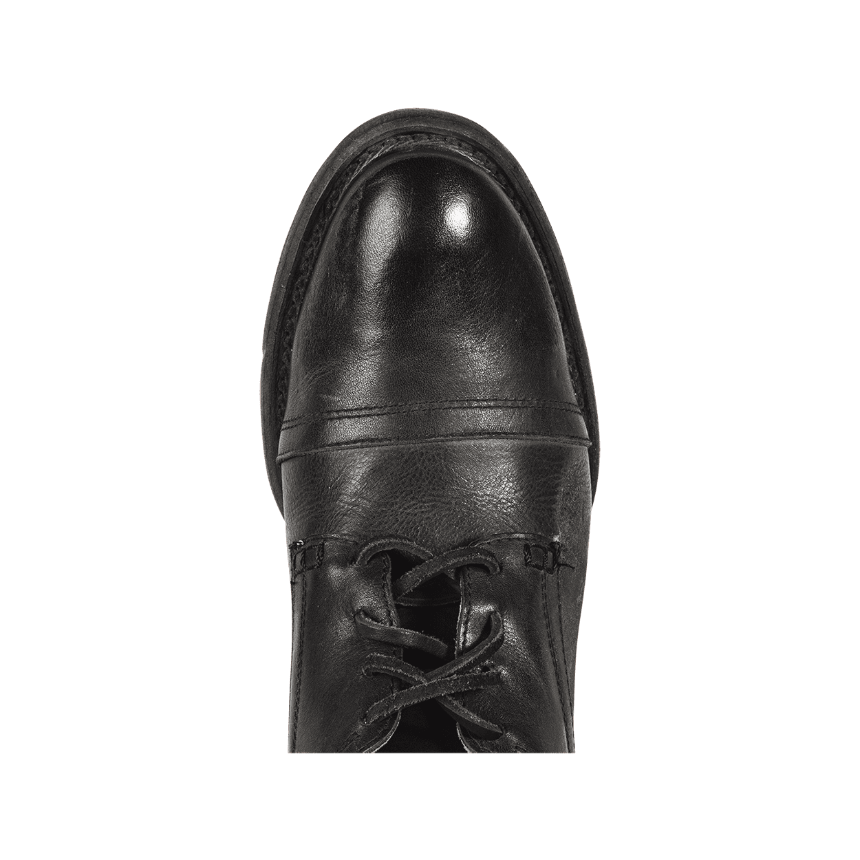 Top view showing almond toe and oxford construction on FREEBIRD men's Finn black shoe