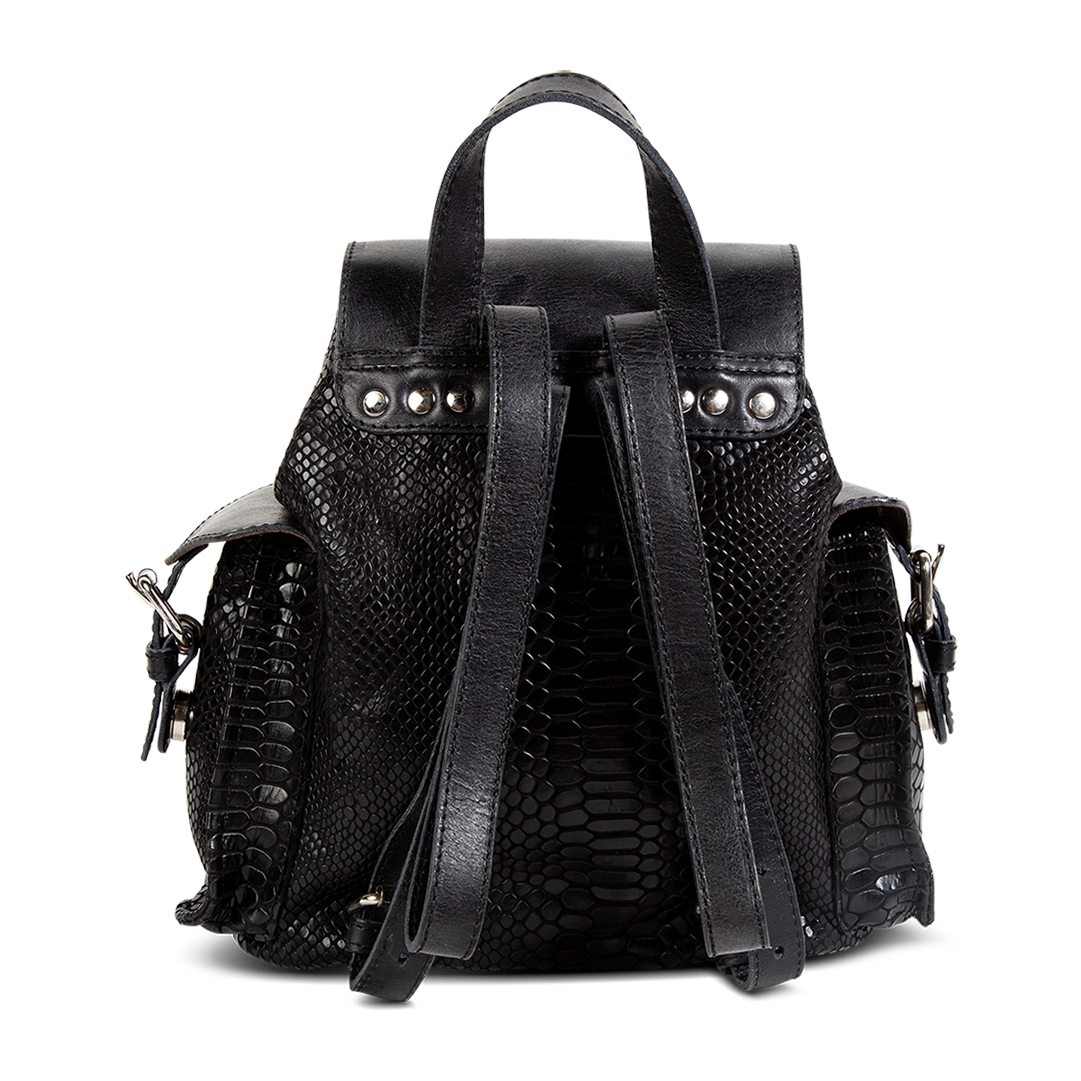Brett black snake adjustable back leather straps and top leather handle loop on FREEBIRD backpack