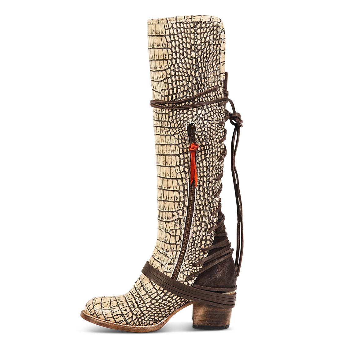 Inside view showing working brass zip closure and adjustable wrap around laces on FREEBIRD women's Coal beige croco tall boot