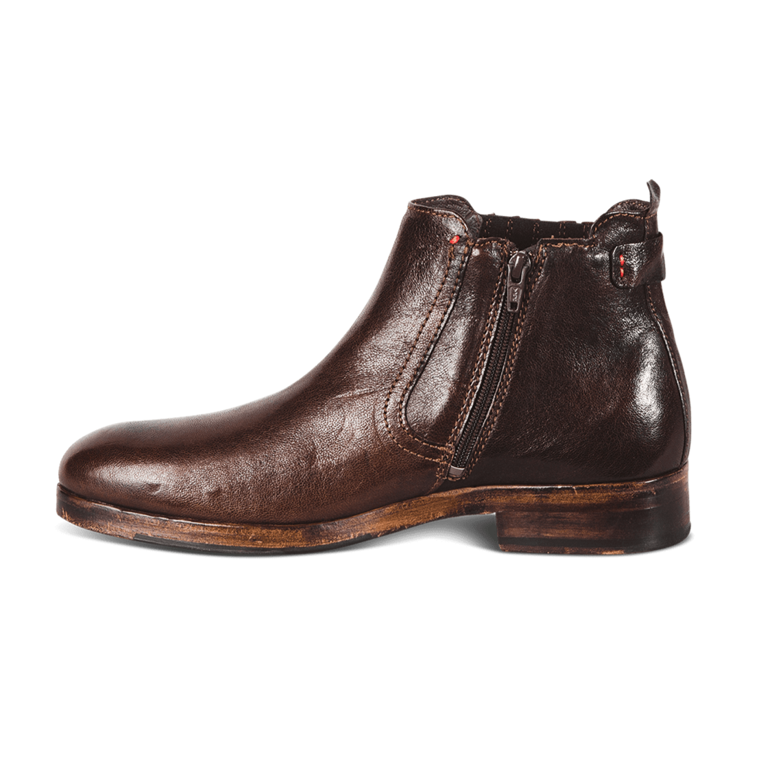 Inside view showing brass zip closure on FREEBIRD men's Grayson brown boot
