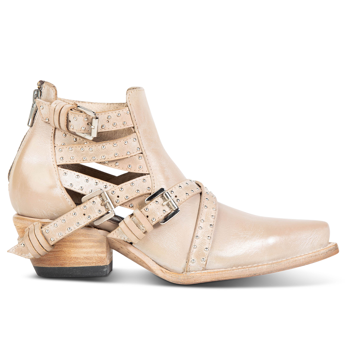FREEBIRD women's Wasp beige ankle bootie with exposed sides, adjustable fastener metal buckles, working back zip closure, snip toe, and traditional snip toe