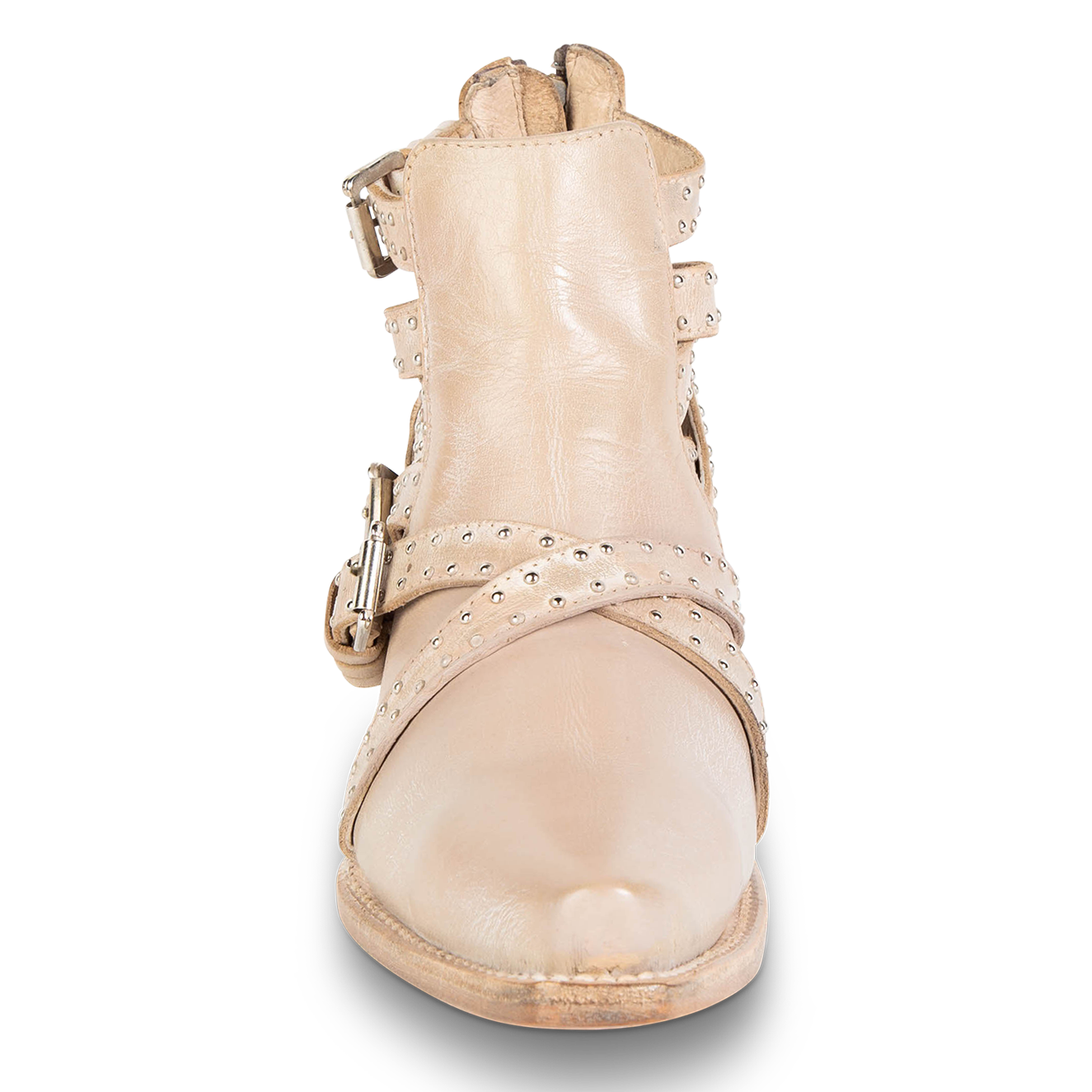 Front view showing adjustable buckle straps and snip toe on FREEBIRD women's Wasp beige ankle bootie