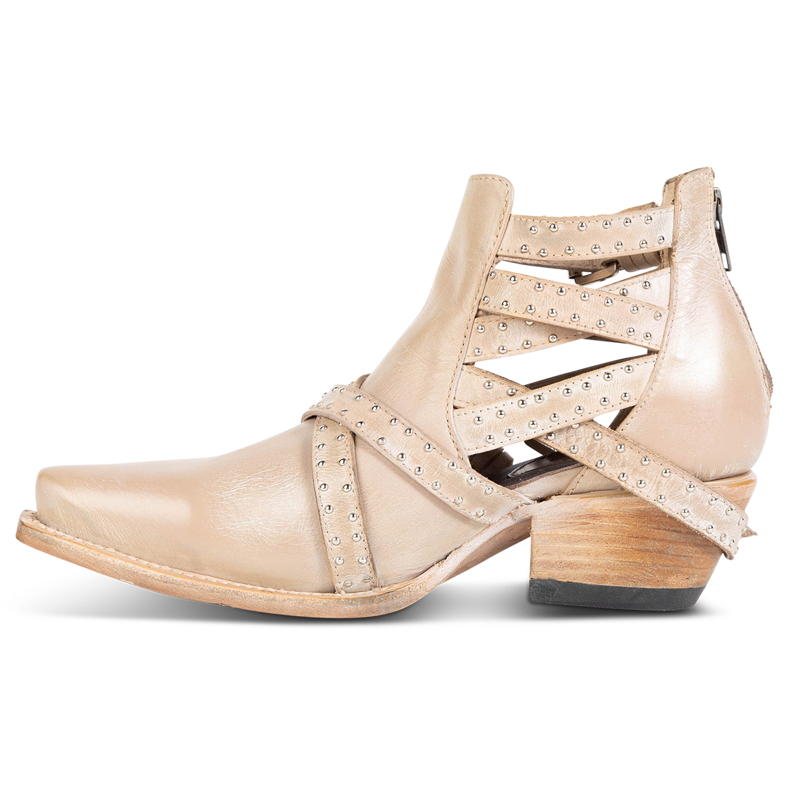 Inside view showing adjustable buckle straps and exposed sides on FREEBIRD women's Wasp beige ankle bootie