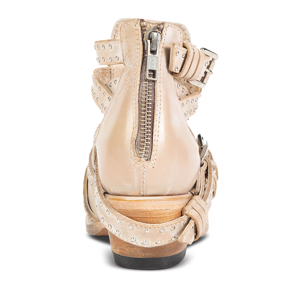 Back view showing zipper closure and mid heel on FREEBIRD women's Wasp beige ankle bootie