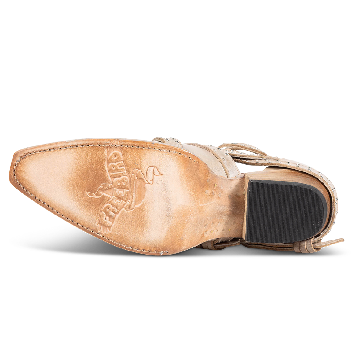 Leather sole imprinted with FREEBIRD on women's Wasp beige snip toe ankle bootie