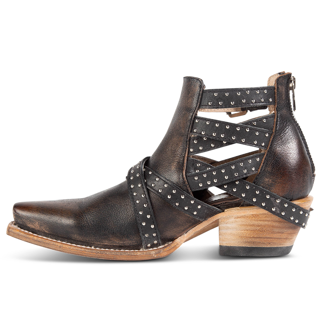 Inside view showing adjustable buckle straps and exposed sides on FREEBIRD women's Wasp black ankle bootie