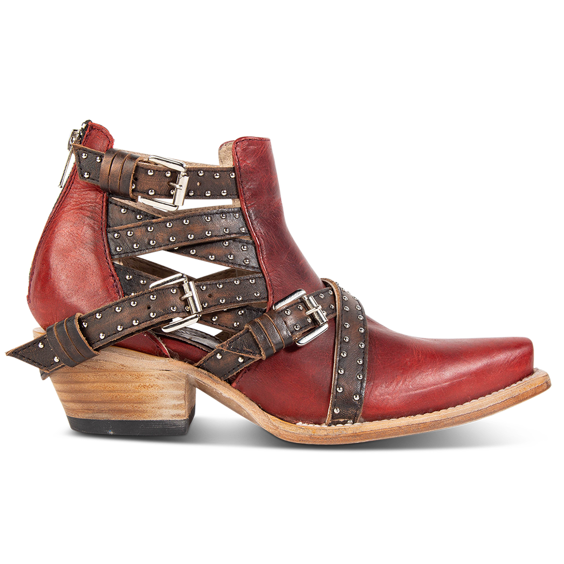 FREEBIRD women's Wasp red ankle bootie with exposed sides, adjustable fastener metal buckles, working back zip closure, snip toe, and traditional snip toe