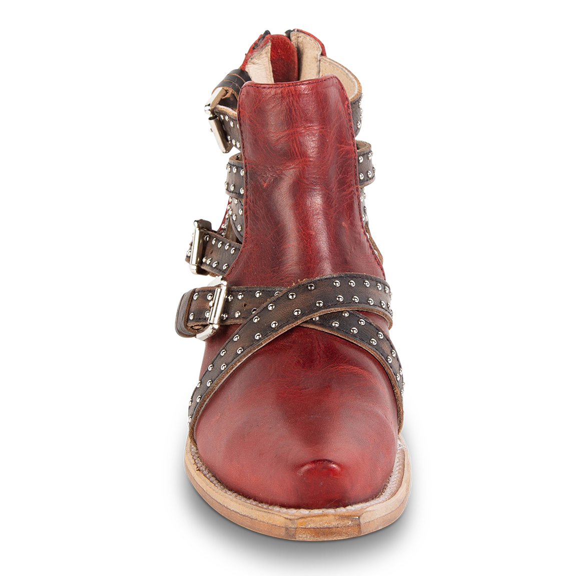 Front view showing adjustable buckle straps and snip toe on FREEBIRD women's Wasp red ankle bootie