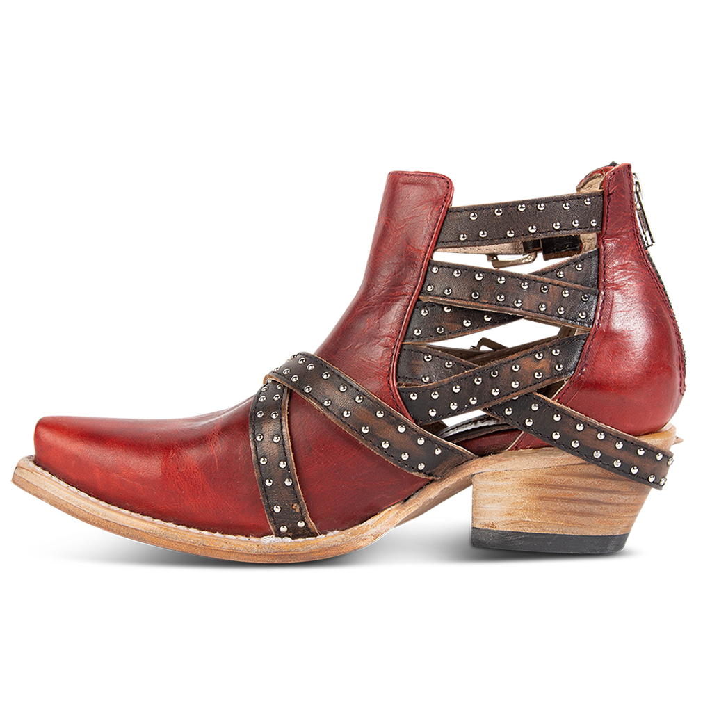 Inside view showing adjustable buckle straps and exposed sides on FREEBIRD women's Wasp red ankle bootie