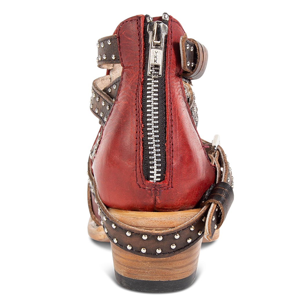Back view showing zipper closure and mid heel on FREEBIRD women's Wasp red ankle bootie