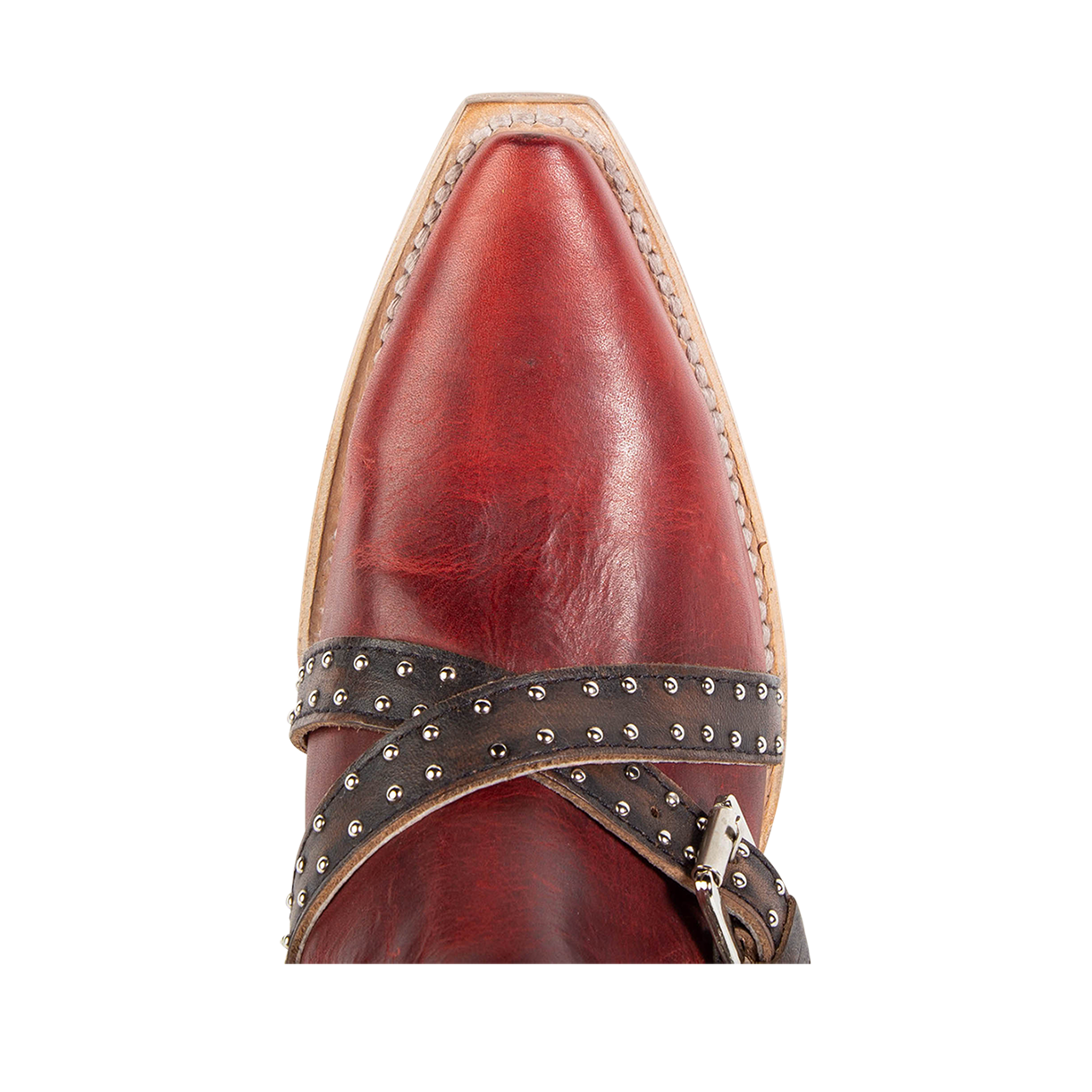 Top view showing snip toe on FREEBIRD women's Wasp red ankle bootie