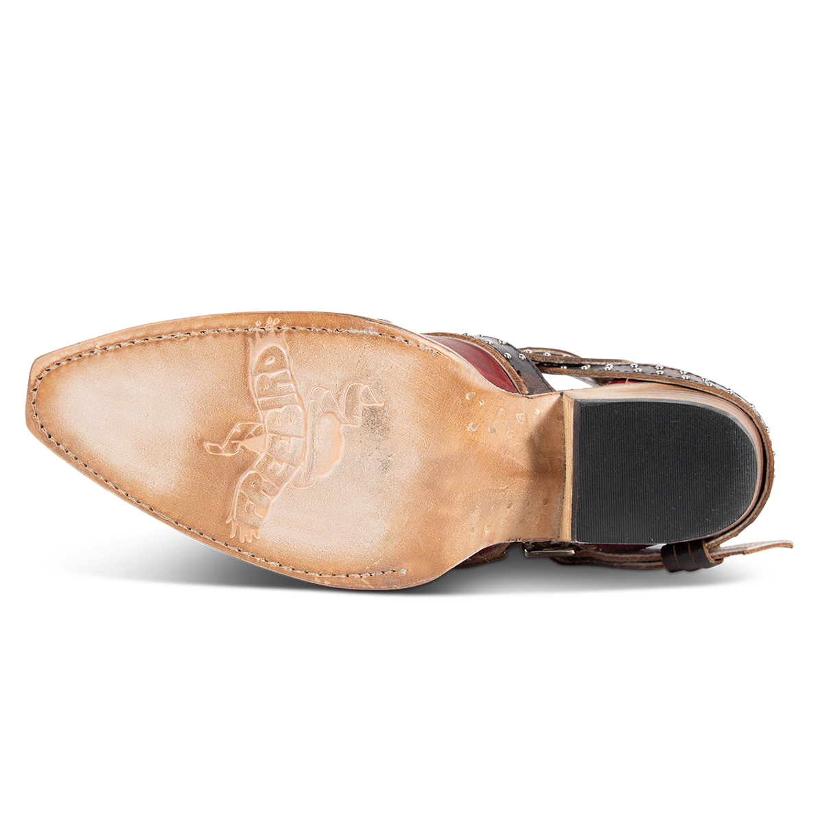 Leather sole imprinted with FREEBIRD on women's Wasp red snip toe ankle bootie
