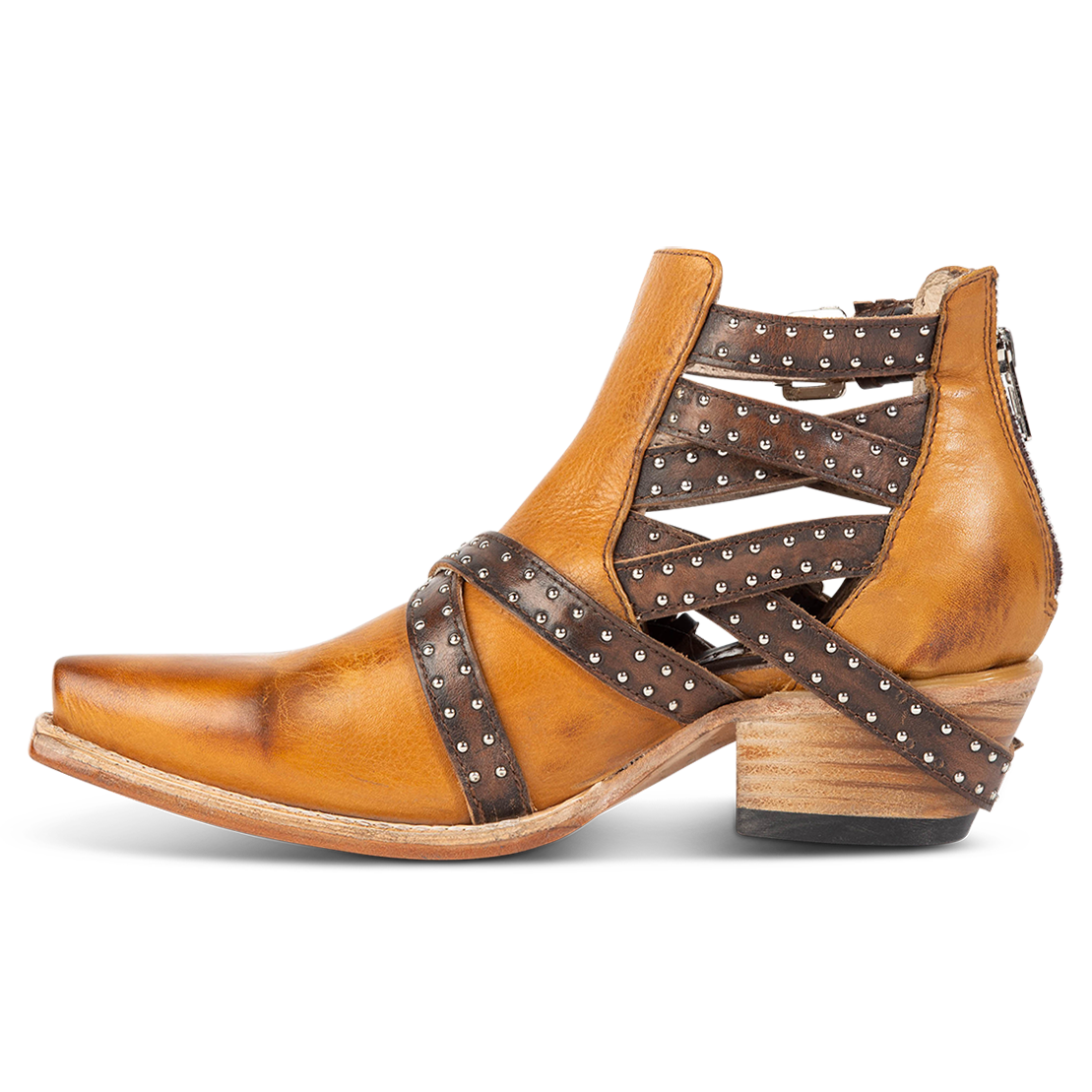 Inside view showing adjustable buckle straps and exposed sides on FREEBIRD women's Wasp wheat ankle bootie