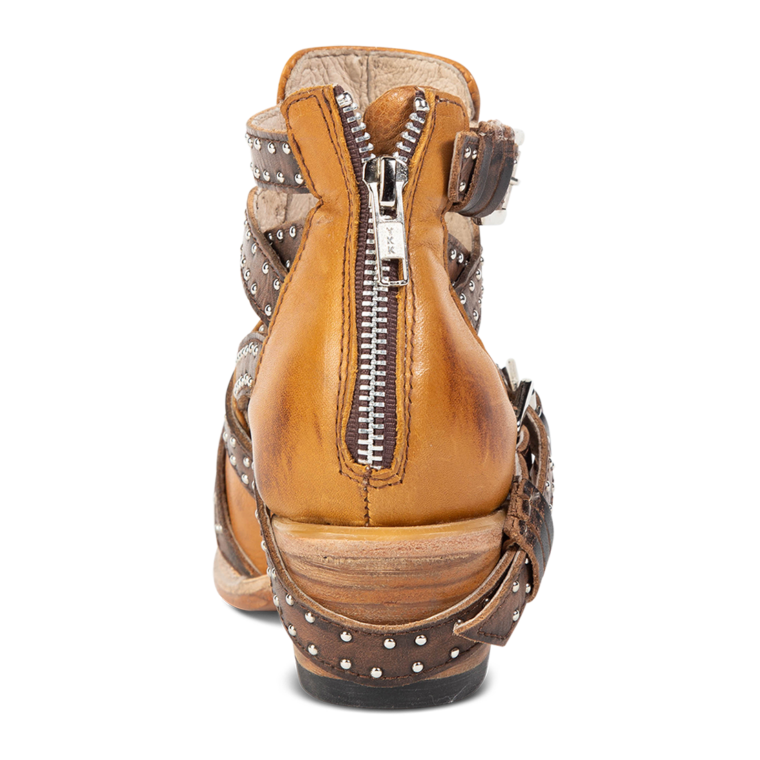 Back view showing zipper closure and mid heel on FREEBIRD women's Wasp wheat ankle bootie