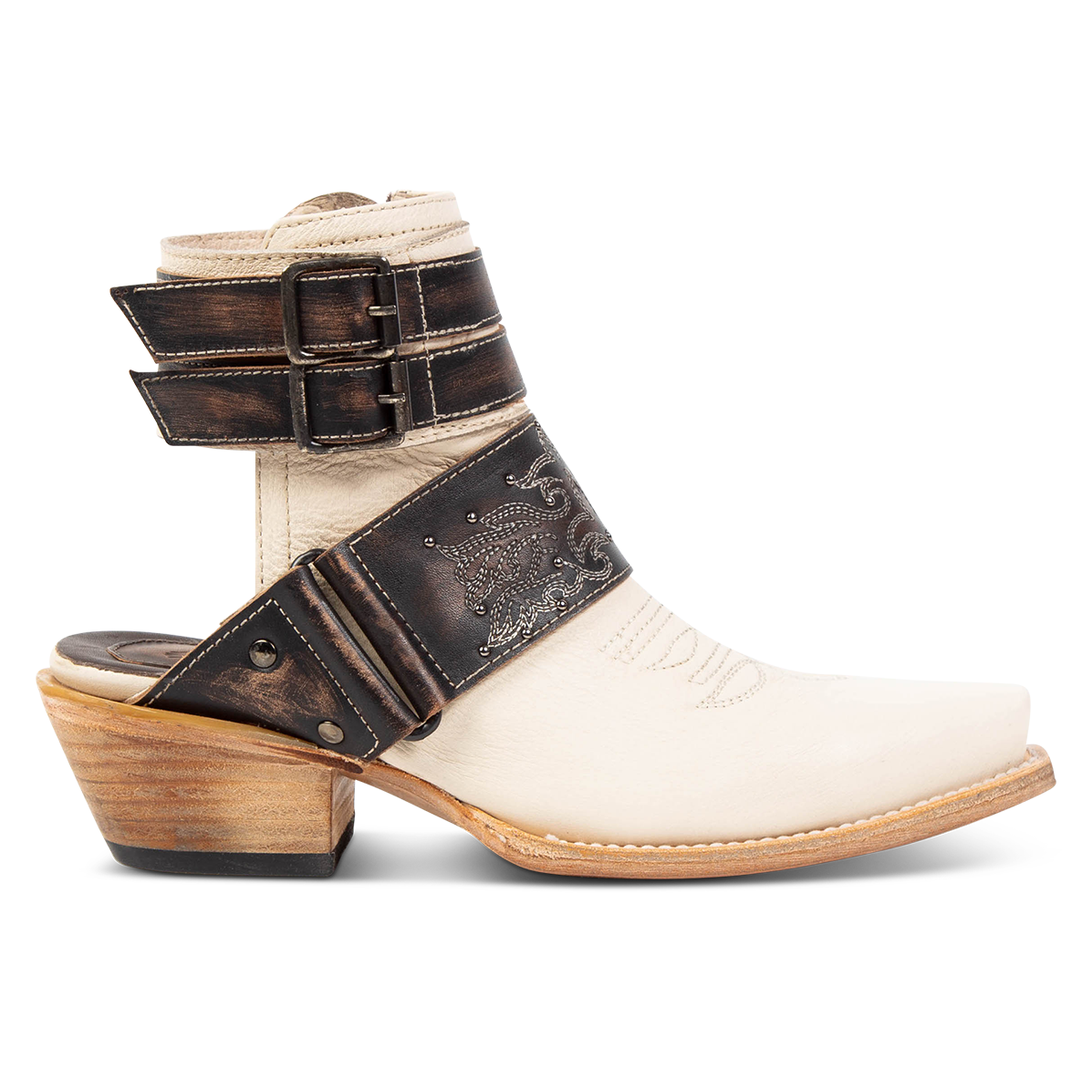 FREEBIRD women's Waylon beige multi shoe with exposed heel, metal buckles, working inside zip closure, and snip toe