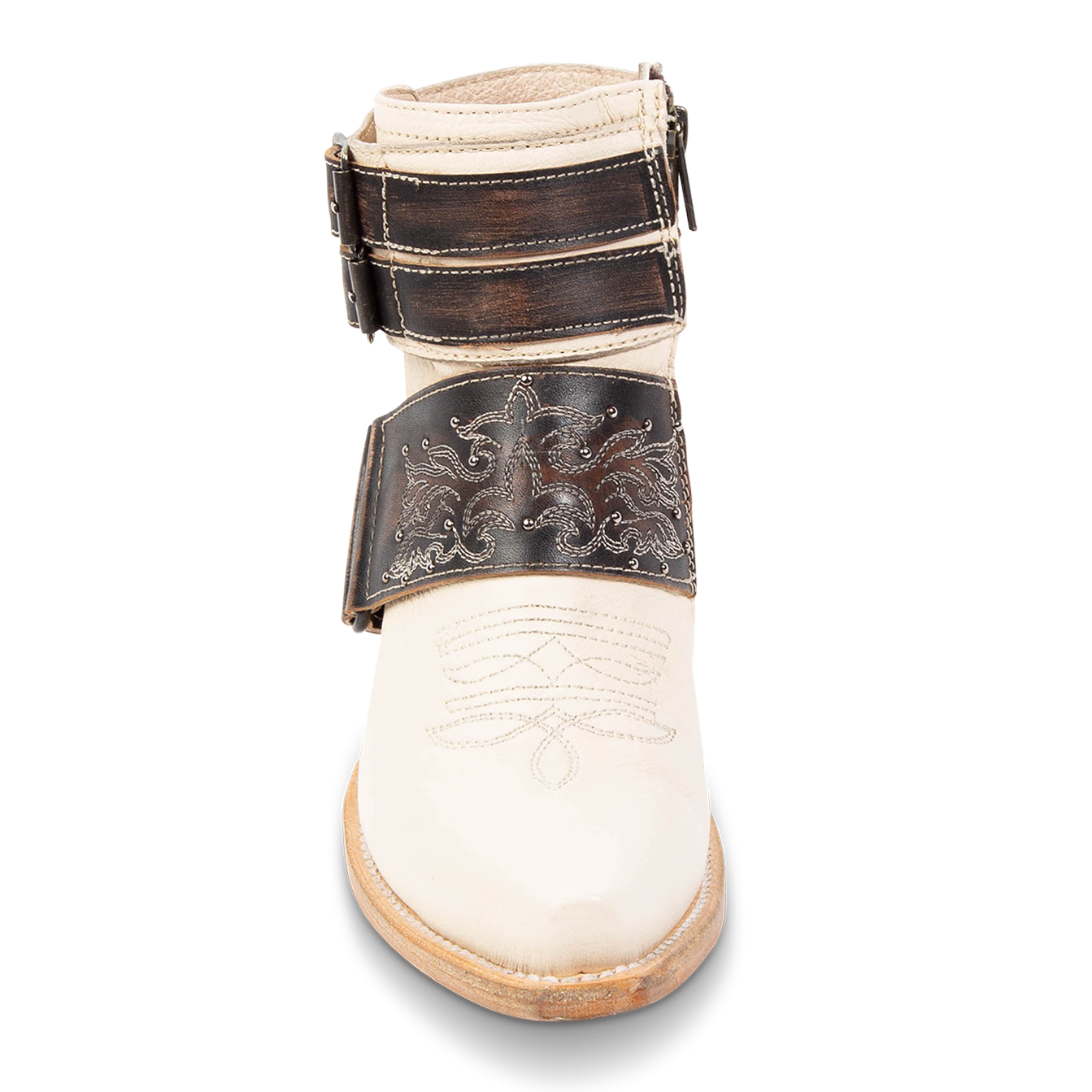 Front view showing straps and snip toe on FREEBIRD women's Waylon beige multi exposed heel shoe