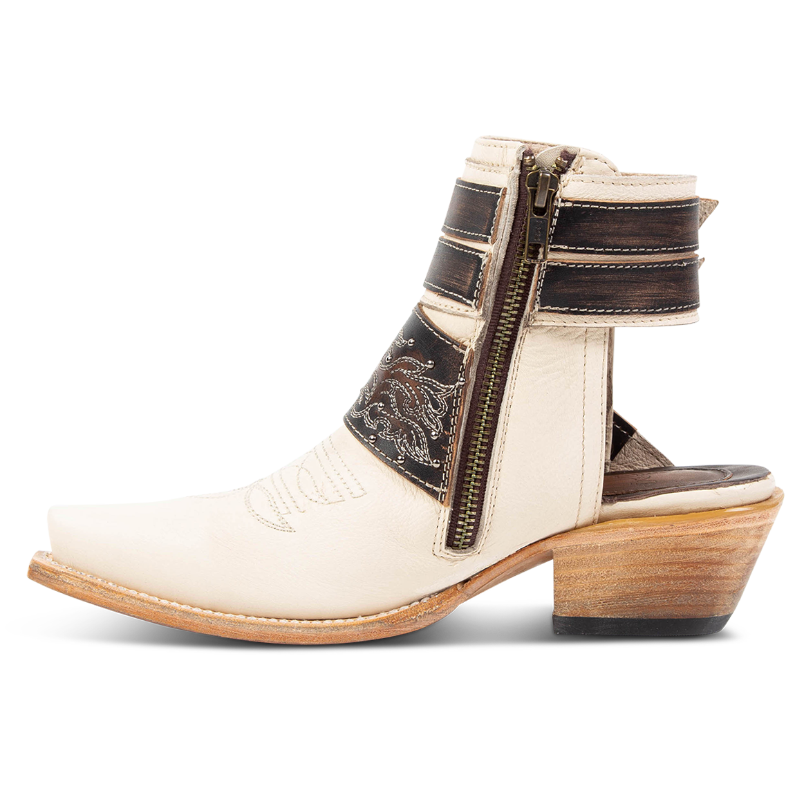 Inside view showing inside zip closure on FREEBIRD women's Waylon beige multi exposed heel shoe