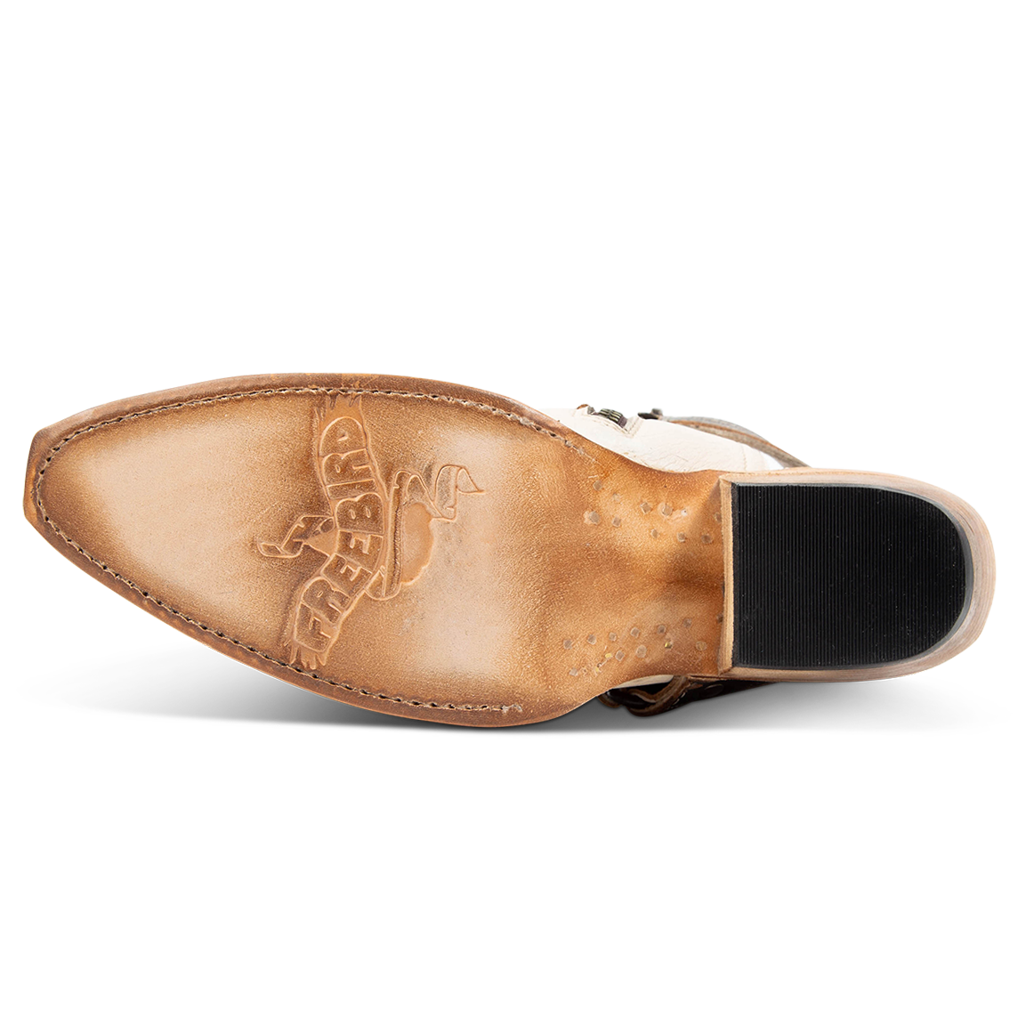 Leather sole imprinted with FREEBIRD on women's Waylon beige multi snip toe exposed heel shoe