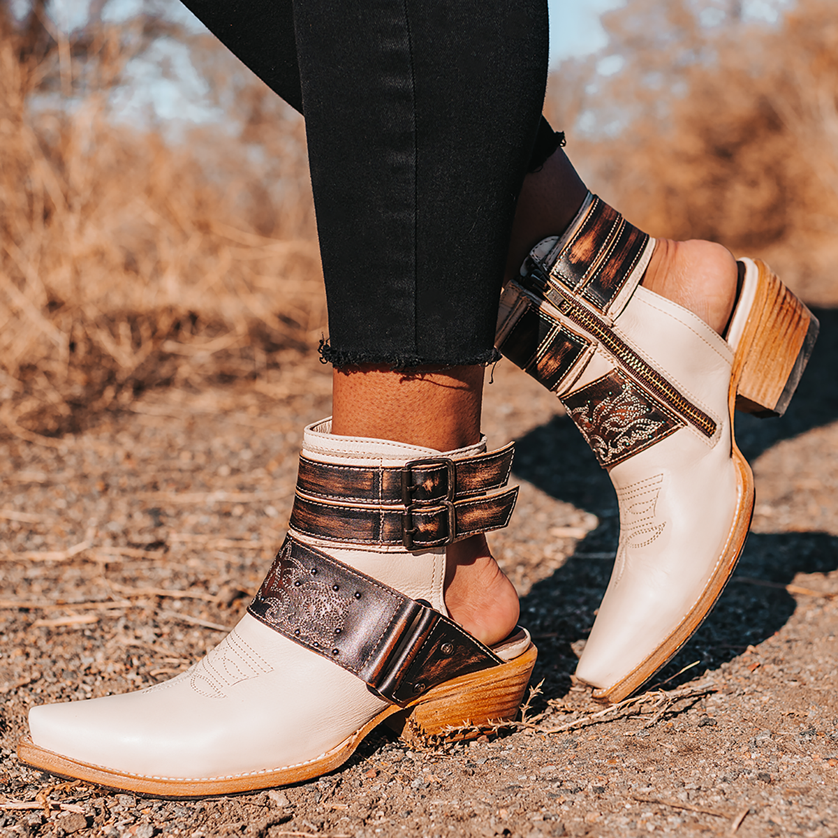 FREEBIRD women's Waylon beige multi shoe with exposed heel, metal buckles, working inside zip closure, and snip toe