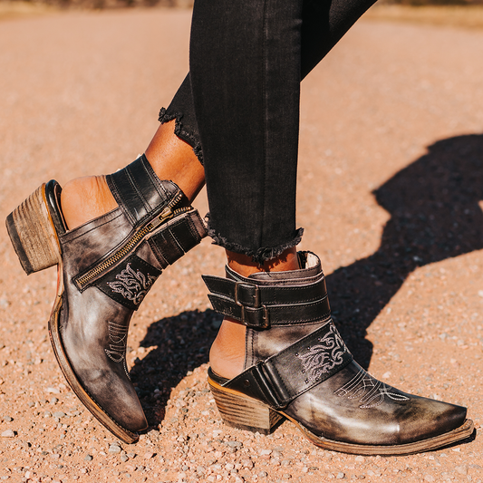FREEBIRD women's Waylon stone multi shoe with exposed heel, metal buckles, working inside zip closure, and snip toe