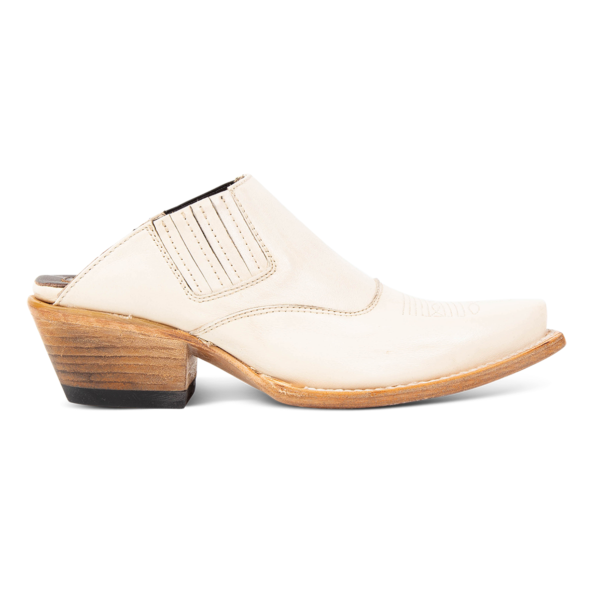 FREEBIRD women's Wentworth beige western mule featuring elastic gore, stitch detailing, open back, and snip toe