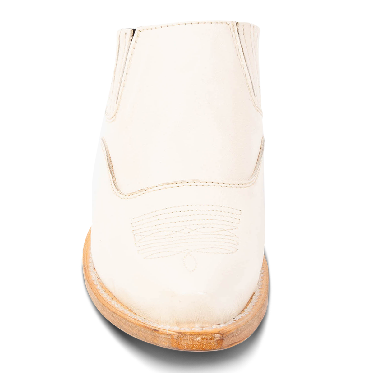 Front view showing traditional stitch detailing and snip toe on FREEBIRD women's Wentworth beige western mule