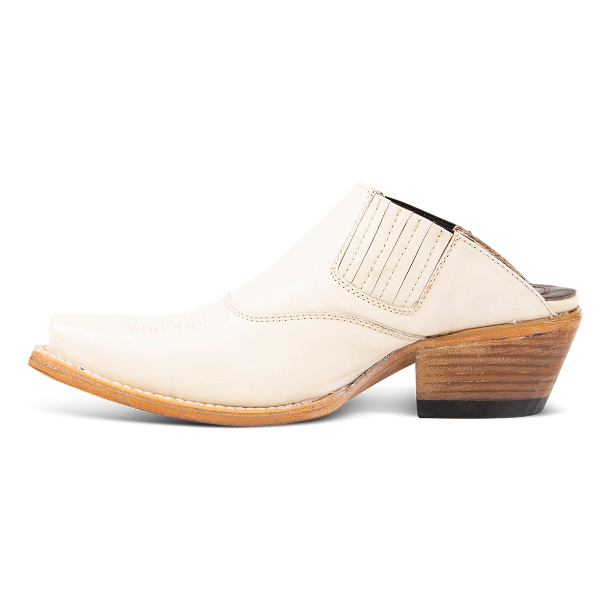 Inside view showing elastic gore and stitching on FREEBIRD women's Wentworth beige western mule