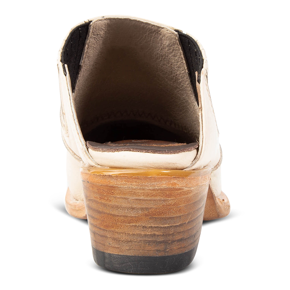 Back view showing wooden heel on FREEBIRD women's Wentworth beige western mule