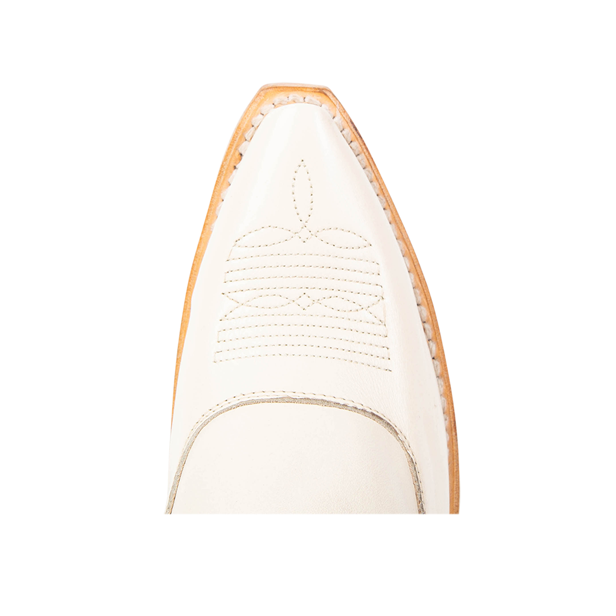 Top view showing snip toe and stitch detailing on FREEBIRD women's Wentworth beige western mule