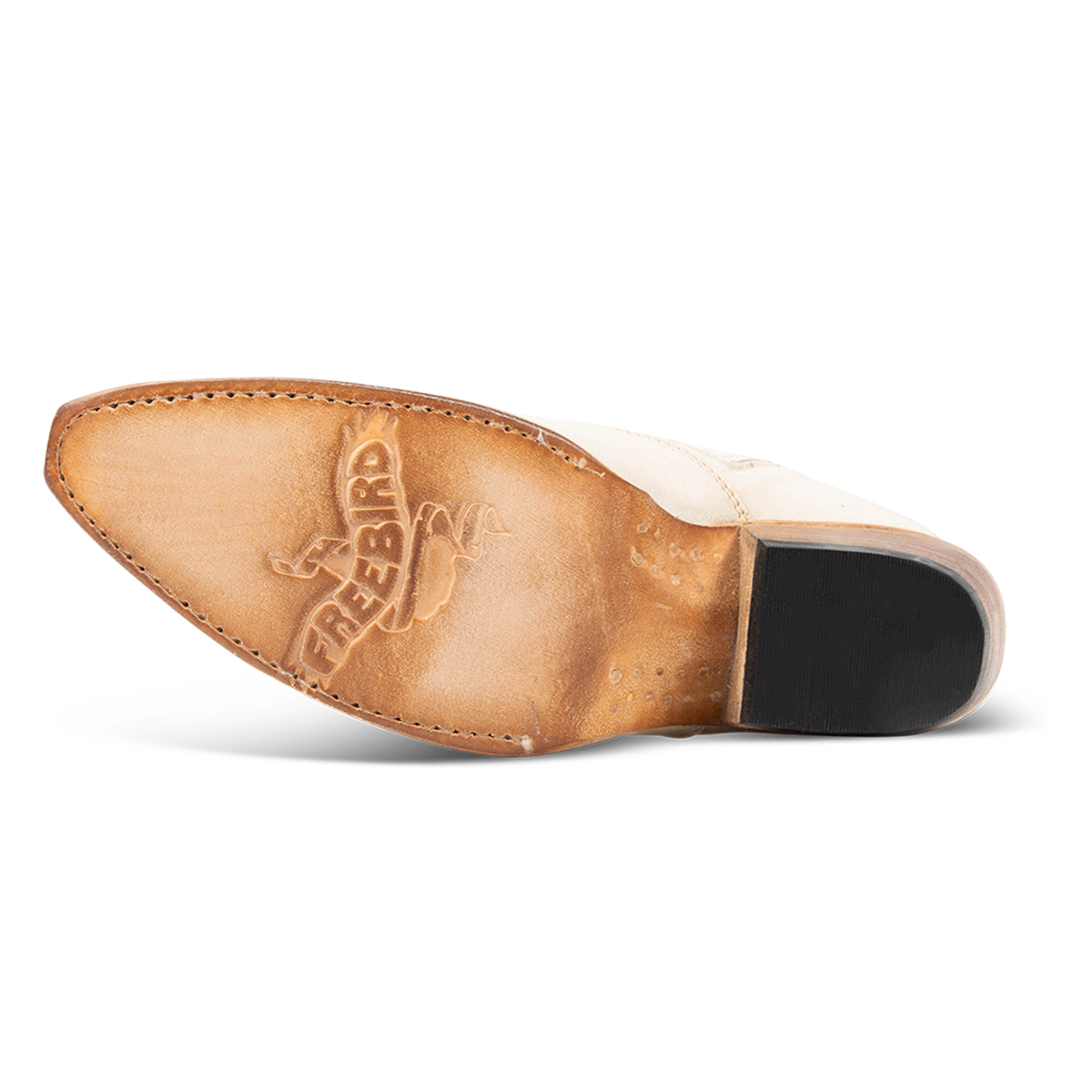 Leather sole imprinted with FREEBIRD on women's Wentworth beige western mule