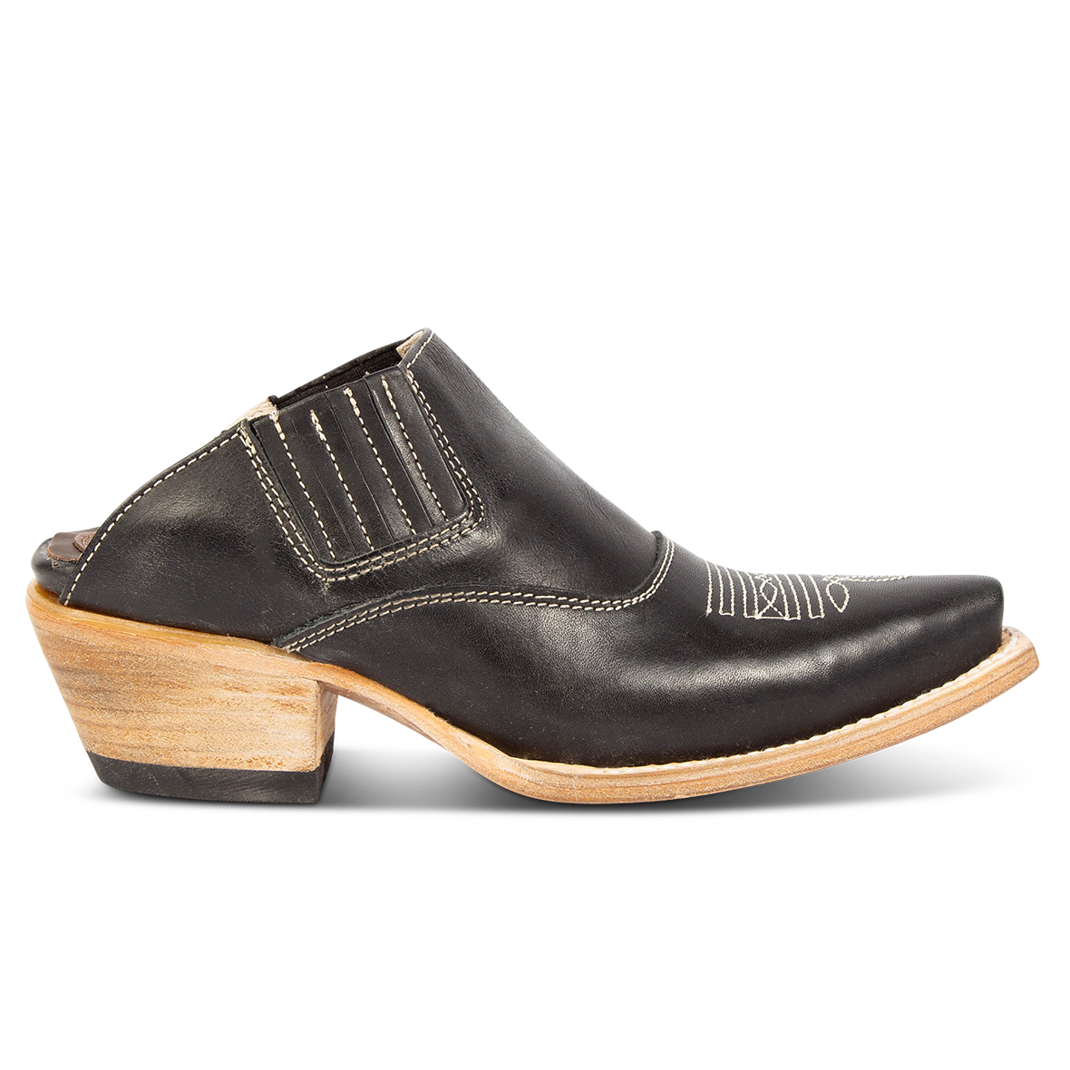 FREEBIRD women's Wentworth black western mule featuring elastic gore, stitch detailing, open back, and snip toe