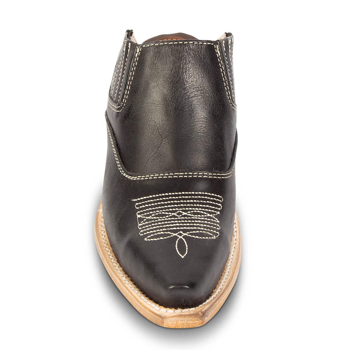 Front view showing traditional stitch detailing and snip toe on FREEBIRD women's Wentworth black western mule