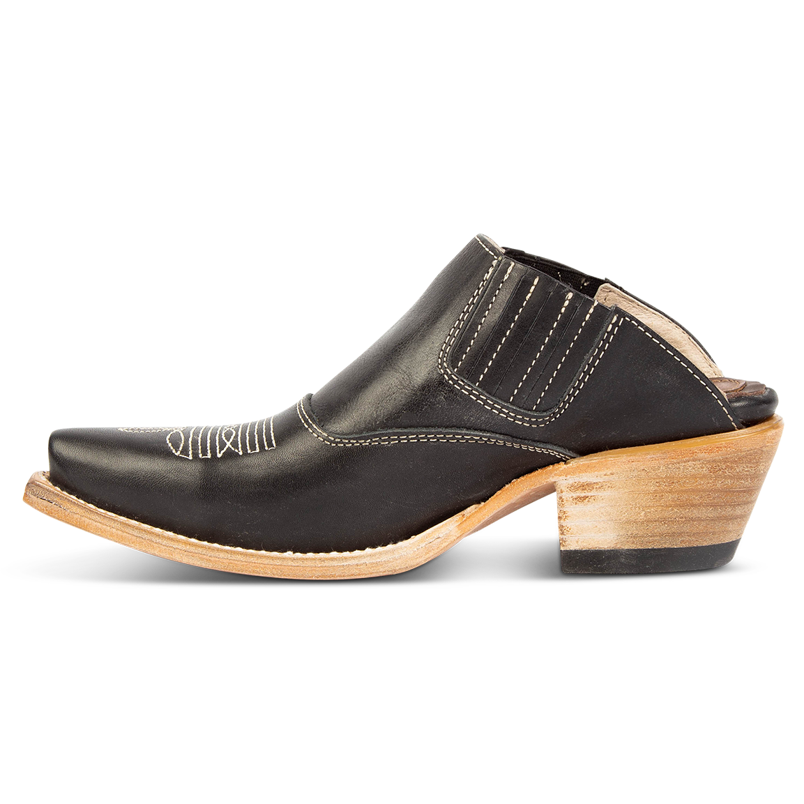 Inside view showing elastic gore and stitching on FREEBIRD women's Wentworth black western mule