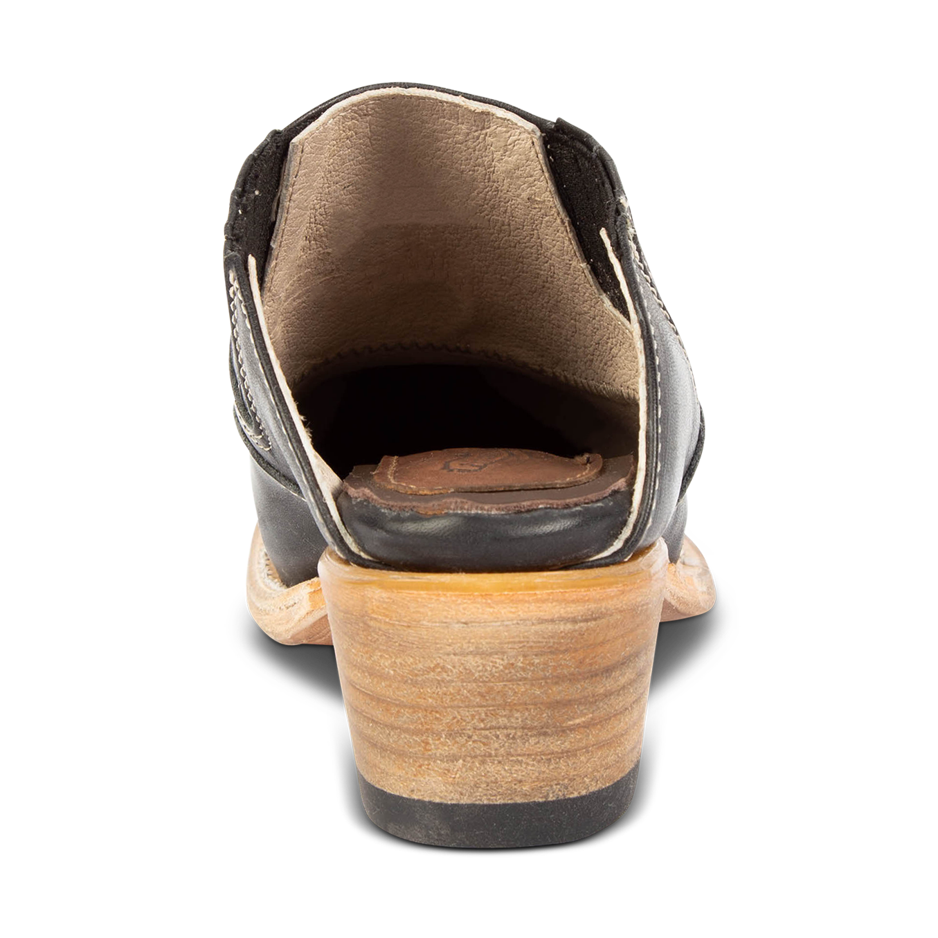 Back view showing wooden heel on FREEBIRD women's Wentworth black western mule