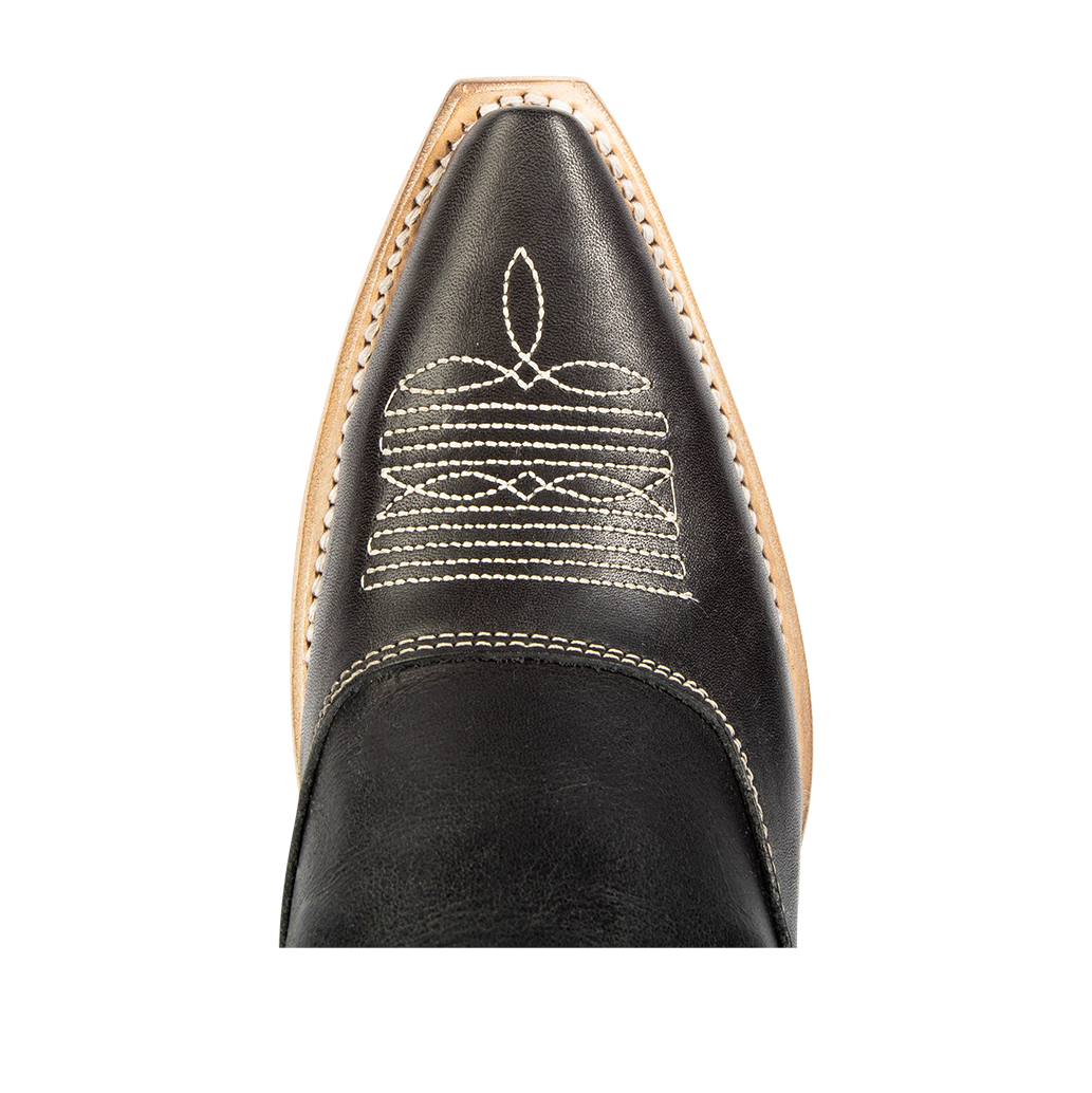 Top view showing snip toe and stitch detailing on FREEBIRD women's Wentworth black western mule
