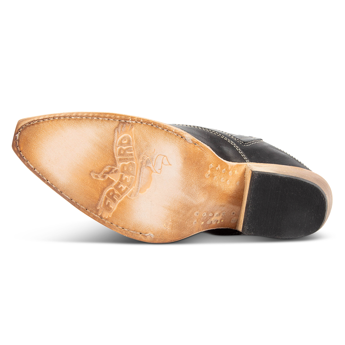Leather sole imprinted with FREEBIRD on women's Wentworth black western mule