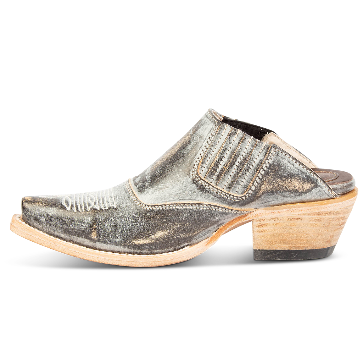 Inside view showing elastic gore and stitching on FREEBIRD women's Wentworth ice western mule