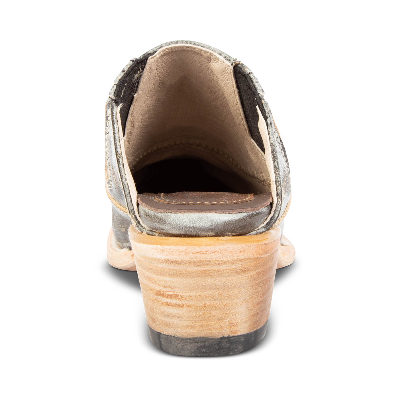 Back view showing wooden heel on FREEBIRD women's Wentworth ice western mule