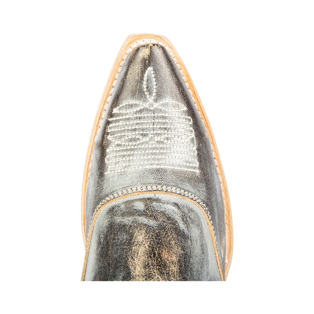 Top view showing snip toe and stitch detailing on FREEBIRD women's Wentworth ice western mule