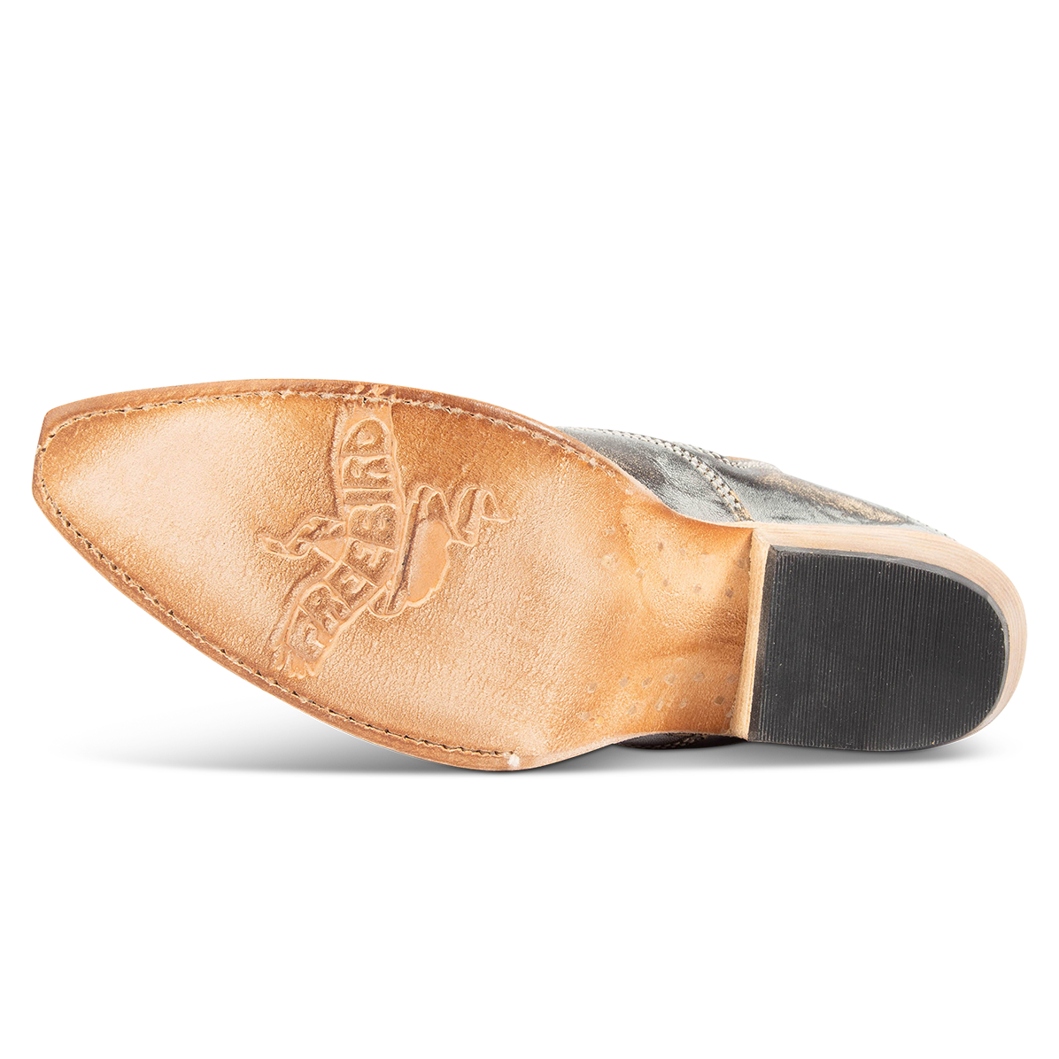 Leather sole imprinted with FREEBIRD on women's Wentworth ice western mule