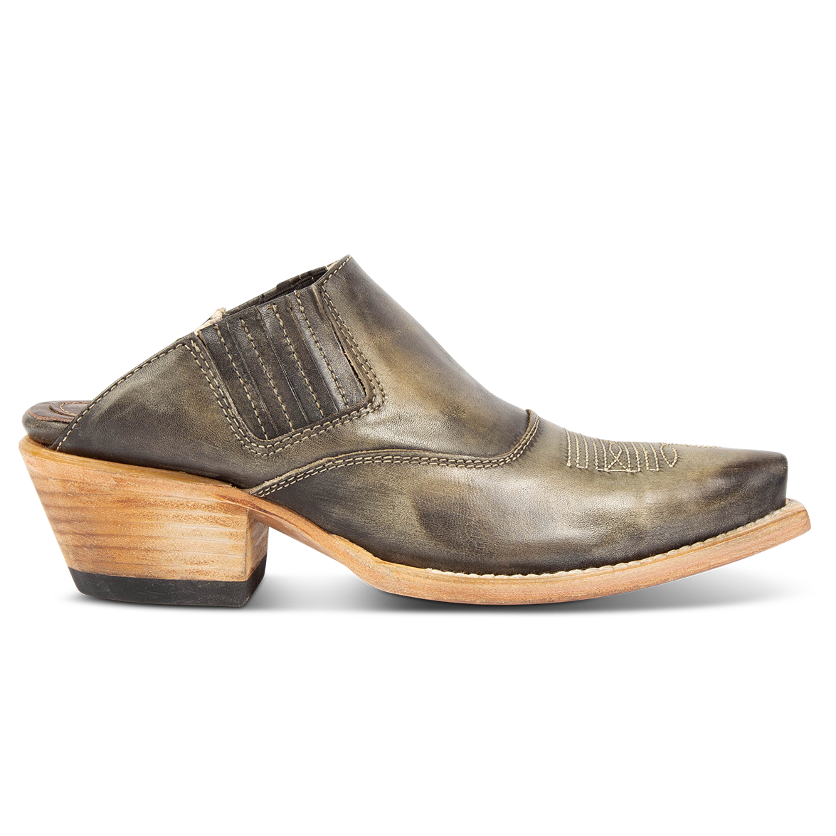 FREEBIRD women's Wentworth olive western mule featuring elastic gore, stitch detailing, open back, and snip toe