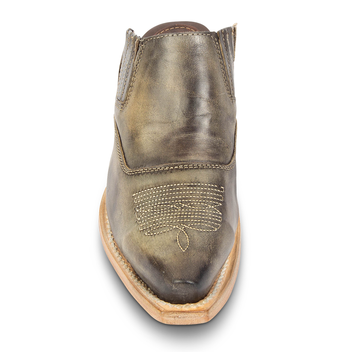 Front view showing traditional stitch detailing and snip toe on FREEBIRD women's Wentworth olive western mule